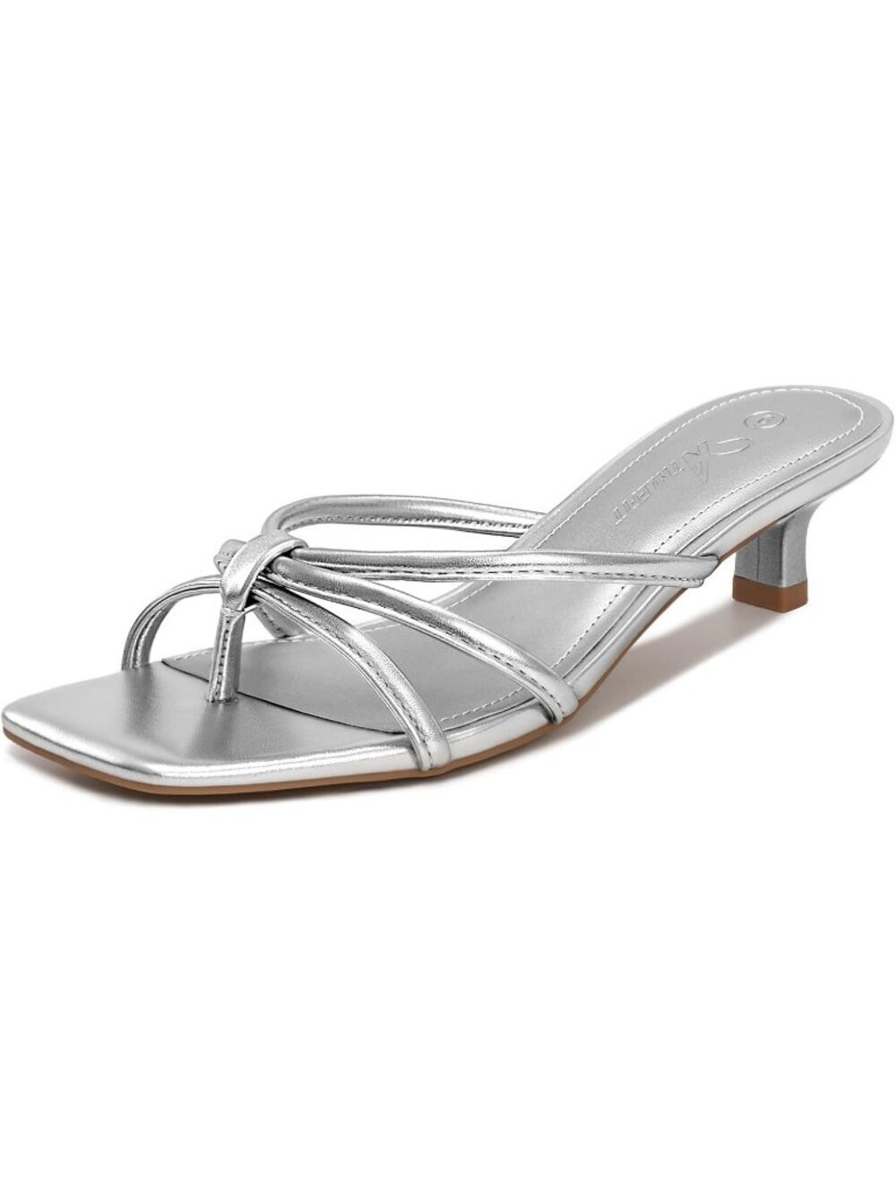 Women's Square Toe Strappy Flip Flop Silver Low Heels Slip On Thong Heel Sandal